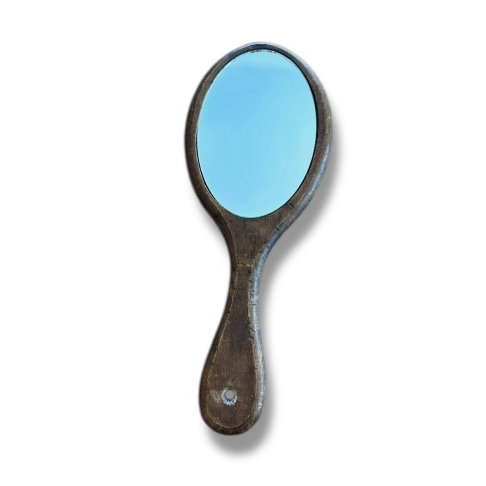 Antique Wooden Wood Hand Mirror With Beveled Glass